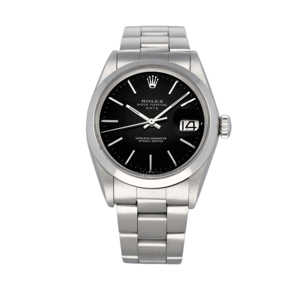 An archetypal Rolex Oyster Perpetual date in steel with black dial, silver-coloured hour markers, and silver-coloured hands