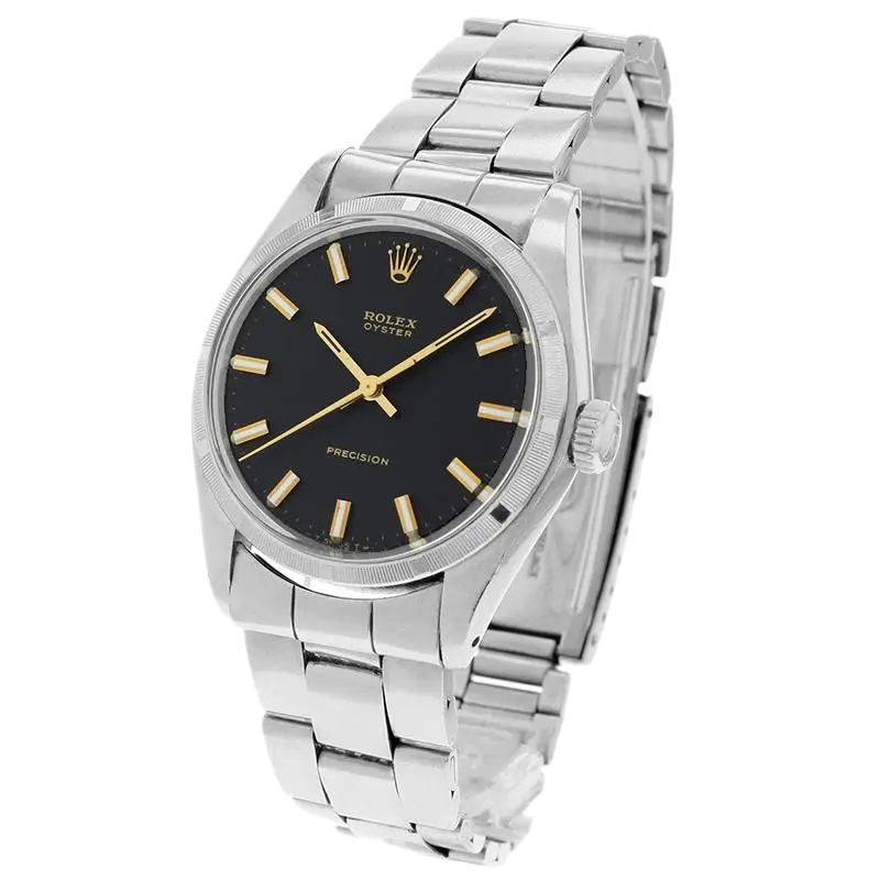 An archetypal Rolex Oyster Precision watch in steel with a steel bracelet, a black dial, golden hands, and golden hour markers.