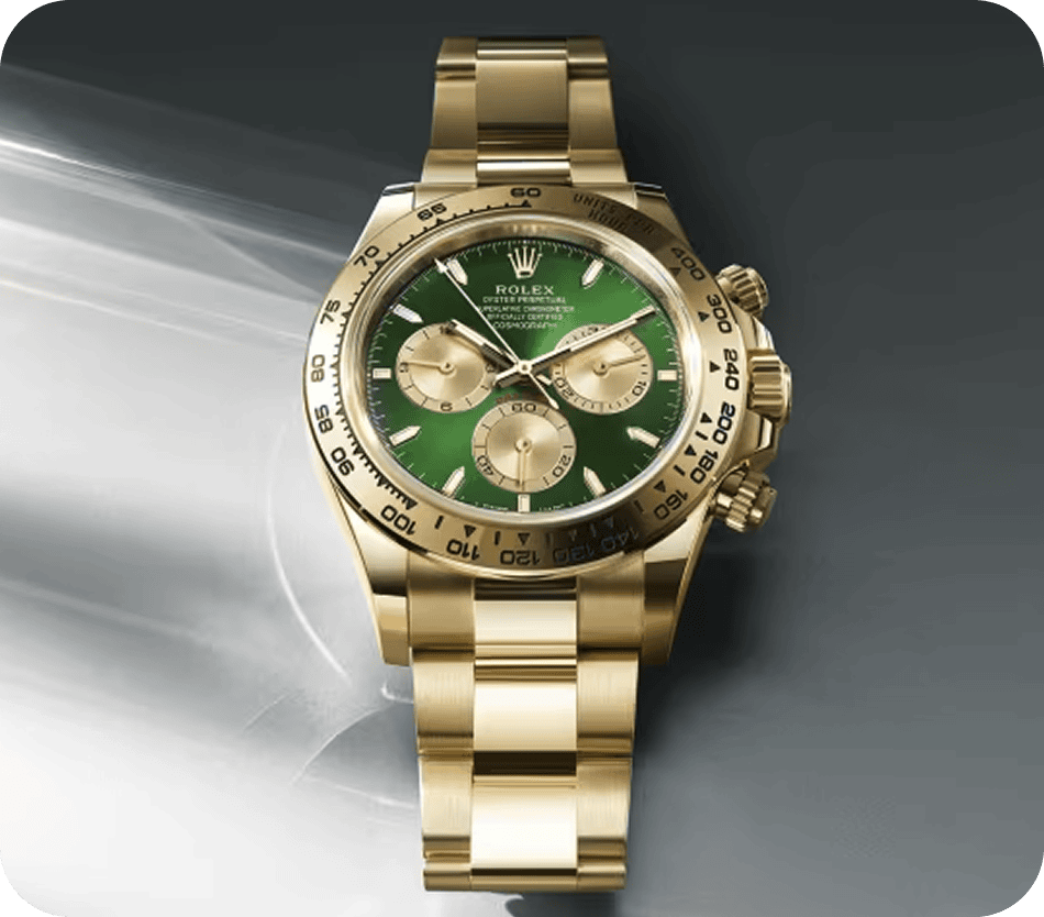 Luxury Rolex gold chronograph watch with green dial and gold bracelet.